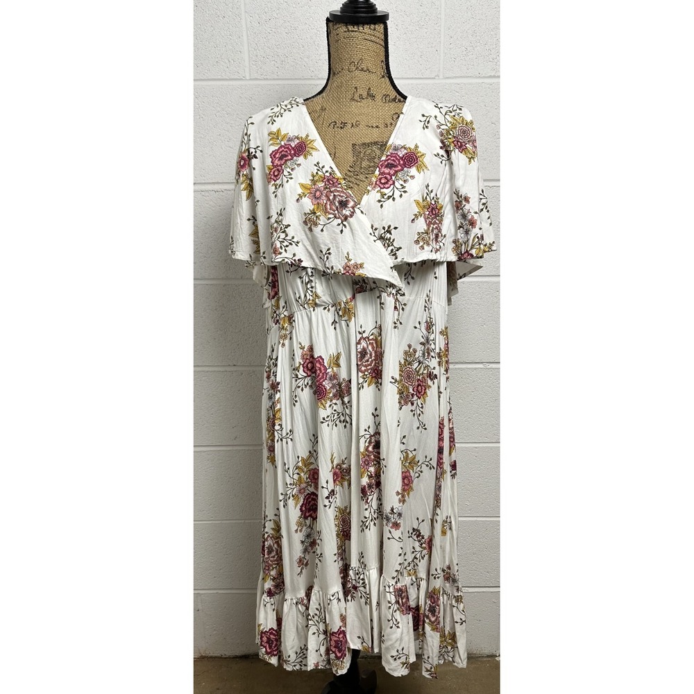 Torrid Dress Womens 3XL Ivory Floral Caplet Sleeve Ruffle Midi Boho Spring New